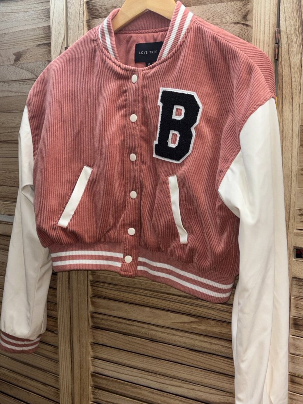 ⁠Love Tree Pink Corduroy Cropped Varsity Jacket Letterman B Patch M⁠